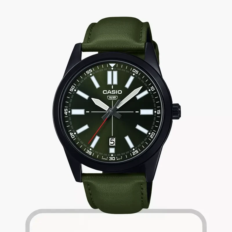 Casio Enticer Green Dial Leather Men's Watch- MTP-VD02BL-3E